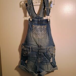 Girls Denim Short Overalls with Lace Pocket